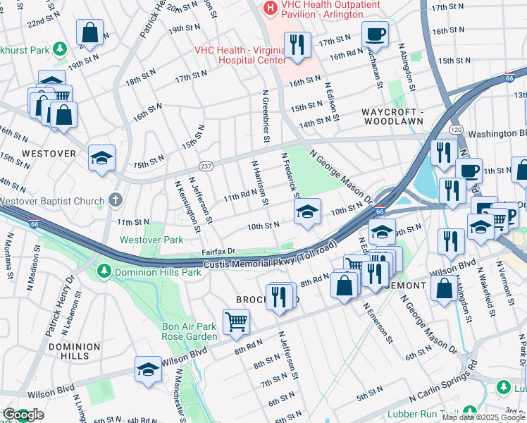 map of restaurants, bars, coffee shops, grocery stores, and more near 1018 North Harrison Street in Arlington
