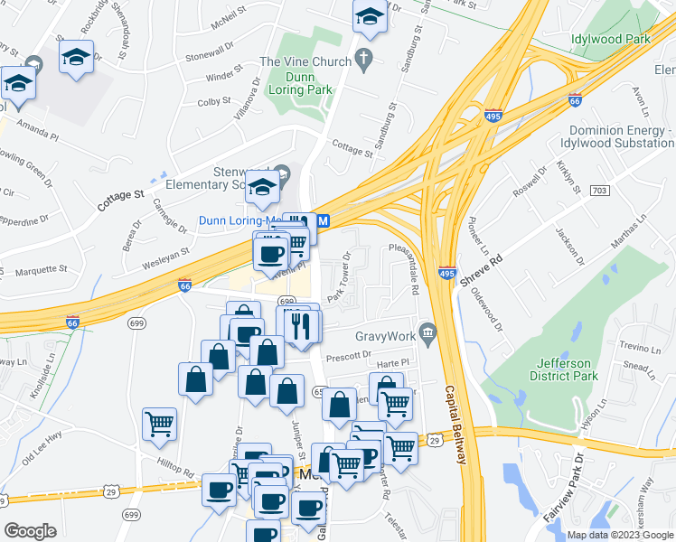 map of restaurants, bars, coffee shops, grocery stores, and more near 2701 Bellforest Court in Vienna