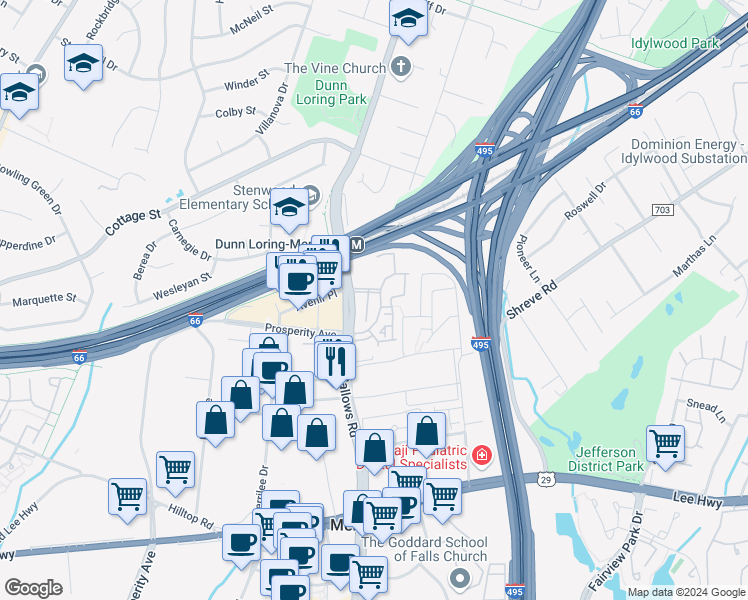 map of restaurants, bars, coffee shops, grocery stores, and more near 2701 Bellforest Court in Vienna