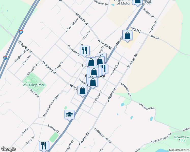map of restaurants, bars, coffee shops, grocery stores, and more near in Woodstock
