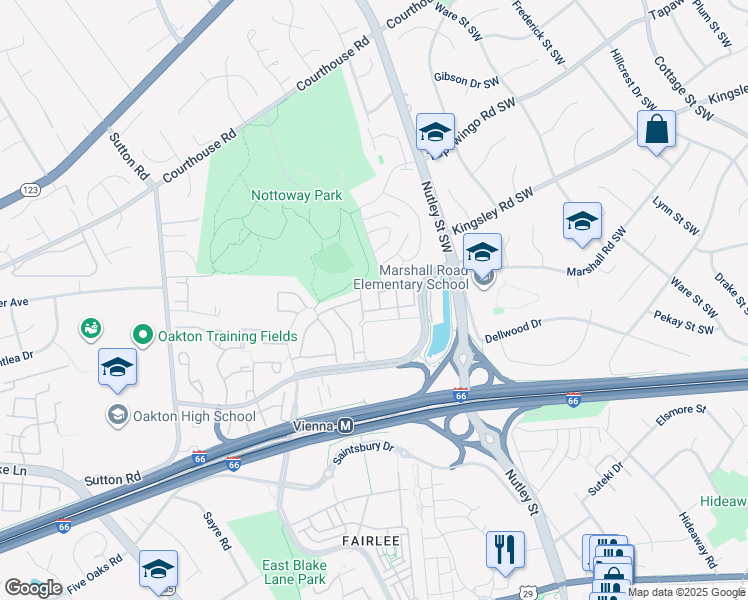 map of restaurants, bars, coffee shops, grocery stores, and more near 2710 Earls Court in Vienna