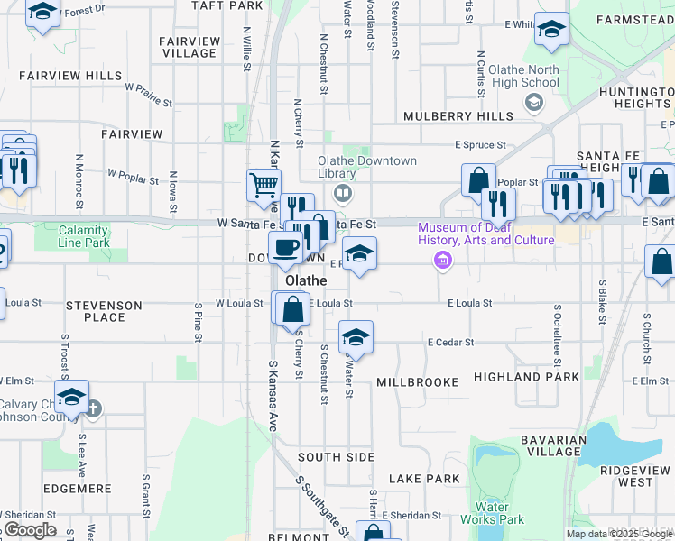 map of restaurants, bars, coffee shops, grocery stores, and more near 201 East Park Street in Olathe
