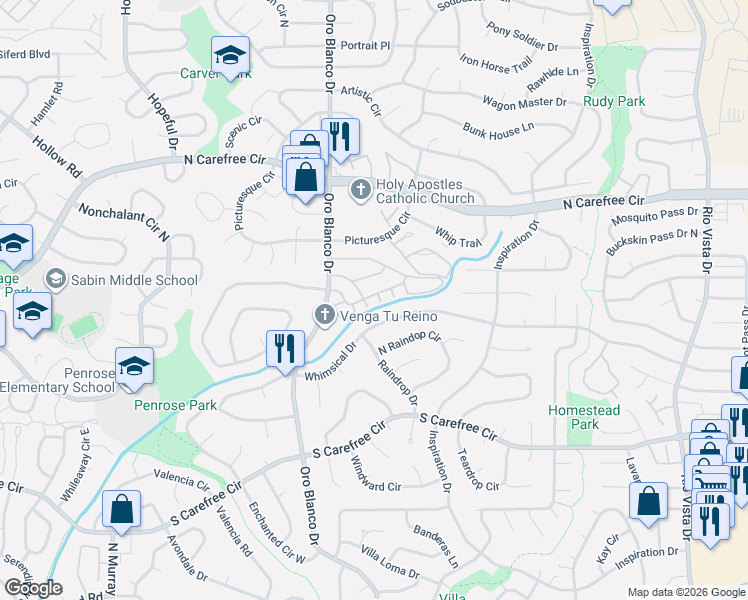 map of restaurants, bars, coffee shops, grocery stores, and more near 4960 Whimsical Drive in Colorado Springs