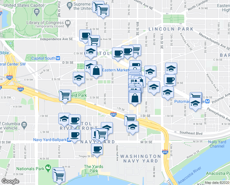 map of restaurants, bars, coffee shops, grocery stores, and more near 101 Independence Avenue Southeast in Washington