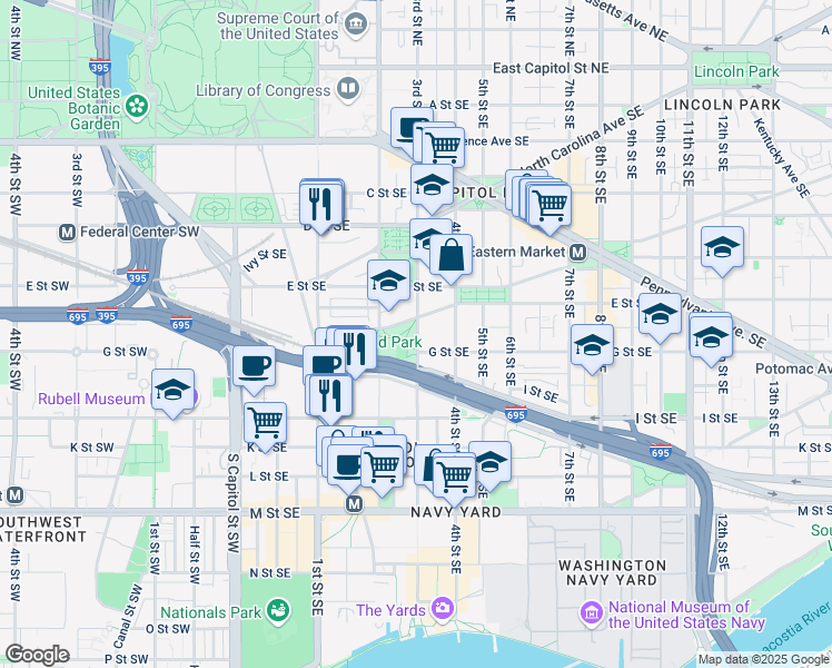 map of restaurants, bars, coffee shops, grocery stores, and more near 101 Independence Avenue Southeast in Washington