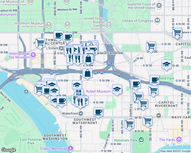 map of restaurants, bars, coffee shops, grocery stores, and more near 101 Independence Avenue Southeast in Washington