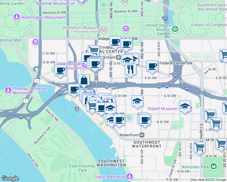 map of restaurants, bars, coffee shops, grocery stores, and more near 101 Independence Avenue Southeast in Washington