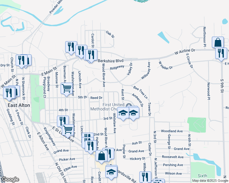 map of restaurants, bars, coffee shops, grocery stores, and more near 419 Douglas Avenue in East Alton