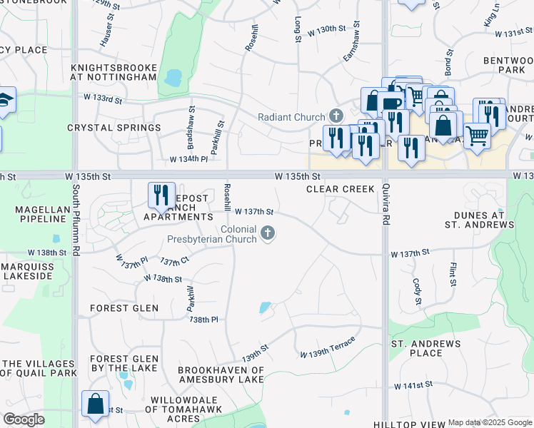 map of restaurants, bars, coffee shops, grocery stores, and more near Rosehill in Overland Park