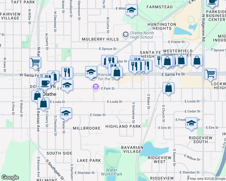 map of restaurants, bars, coffee shops, grocery stores, and more near 517 East Park Street in Olathe