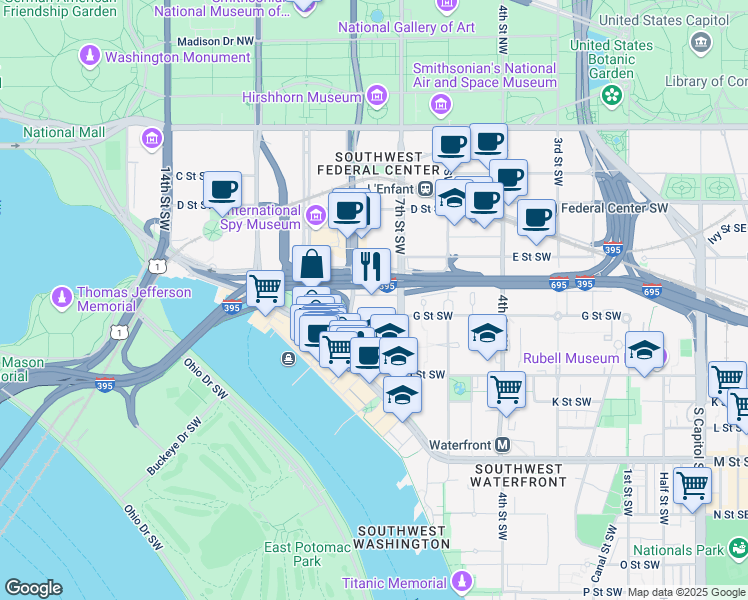map of restaurants, bars, coffee shops, grocery stores, and more near 800 Capitol Square Place Southwest in Washington