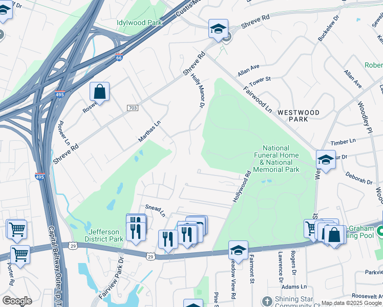 map of restaurants, bars, coffee shops, grocery stores, and more near 2615 Holly Manor Drive in Falls Church