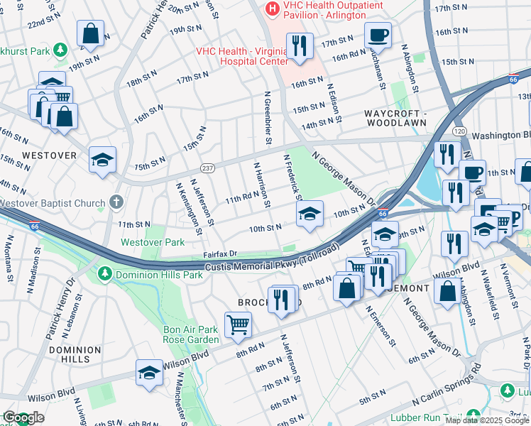 map of restaurants, bars, coffee shops, grocery stores, and more near 1018 North Harrison Street in Arlington