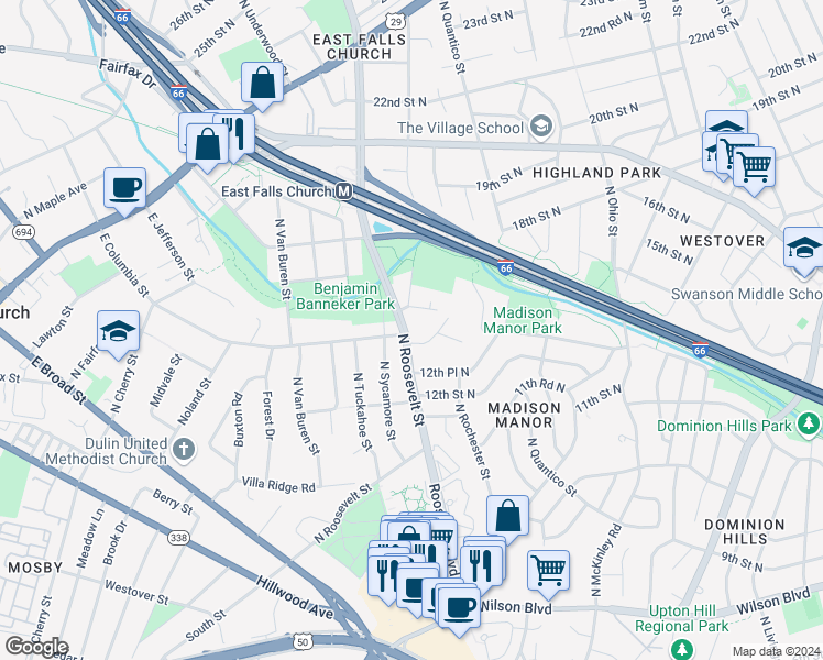 map of restaurants, bars, coffee shops, grocery stores, and more near 1601 North Roosevelt Street in Arlington