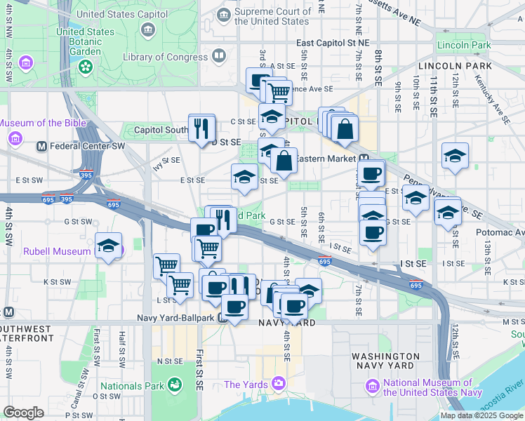map of restaurants, bars, coffee shops, grocery stores, and more near 3rd Street Southeast in Washington