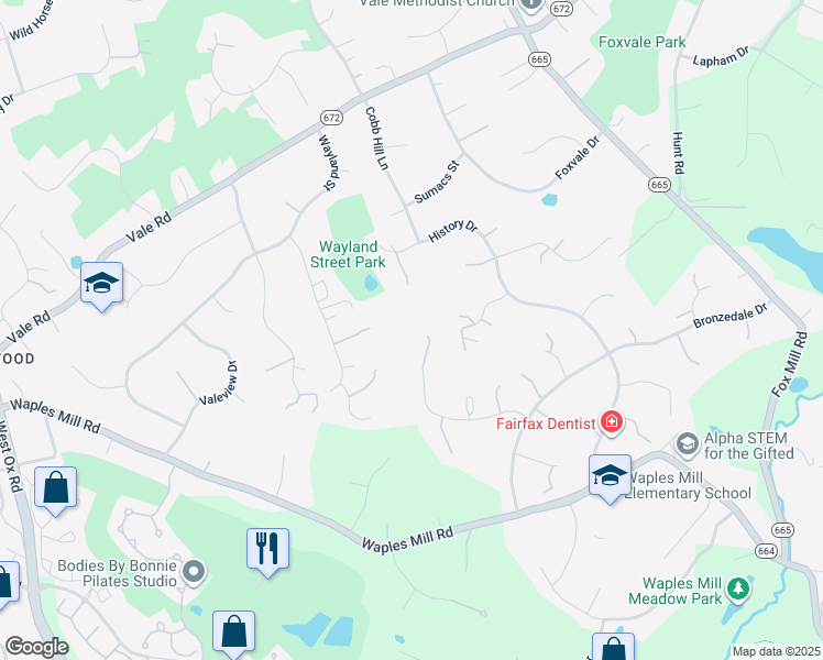 map of restaurants, bars, coffee shops, grocery stores, and more near 11741 Flemish Mill Court in Oakton