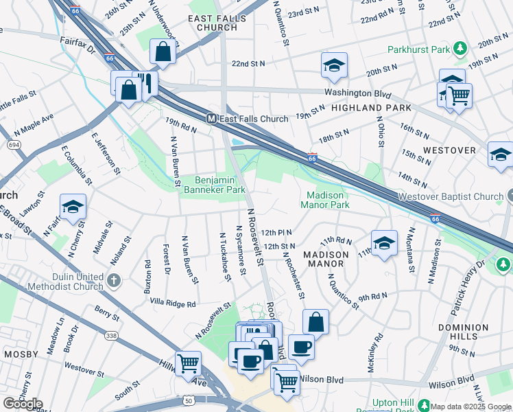 map of restaurants, bars, coffee shops, grocery stores, and more near 1601 North Roosevelt Street in Arlington