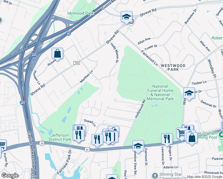 map of restaurants, bars, coffee shops, grocery stores, and more near 2615 Holly Manor Drive in Falls Church