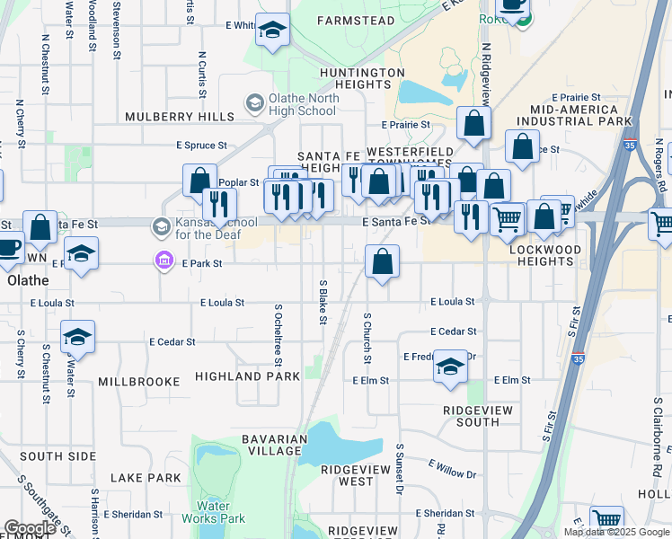 map of restaurants, bars, coffee shops, grocery stores, and more near 113 South Mahaffie Street in Olathe