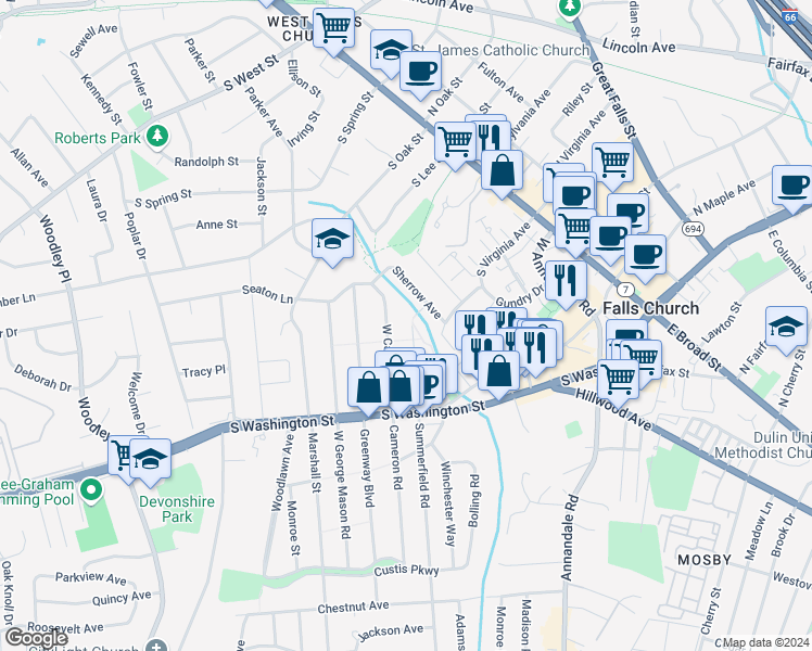map of restaurants, bars, coffee shops, grocery stores, and more near 207 West Westmoreland Road in Falls Church