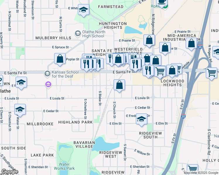 map of restaurants, bars, coffee shops, grocery stores, and more near 116 South Church Street in Olathe