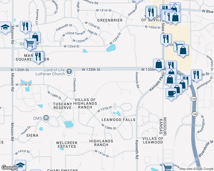 map of restaurants, bars, coffee shops, grocery stores, and more near 13641 Belinder Street in Overland Park