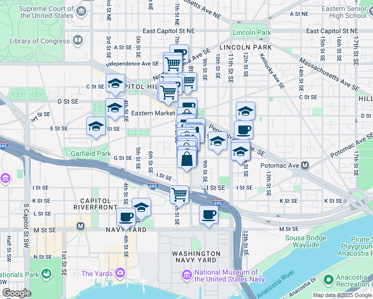 map of restaurants, bars, coffee shops, grocery stores, and more near 101 Independence Avenue Southeast in Washington