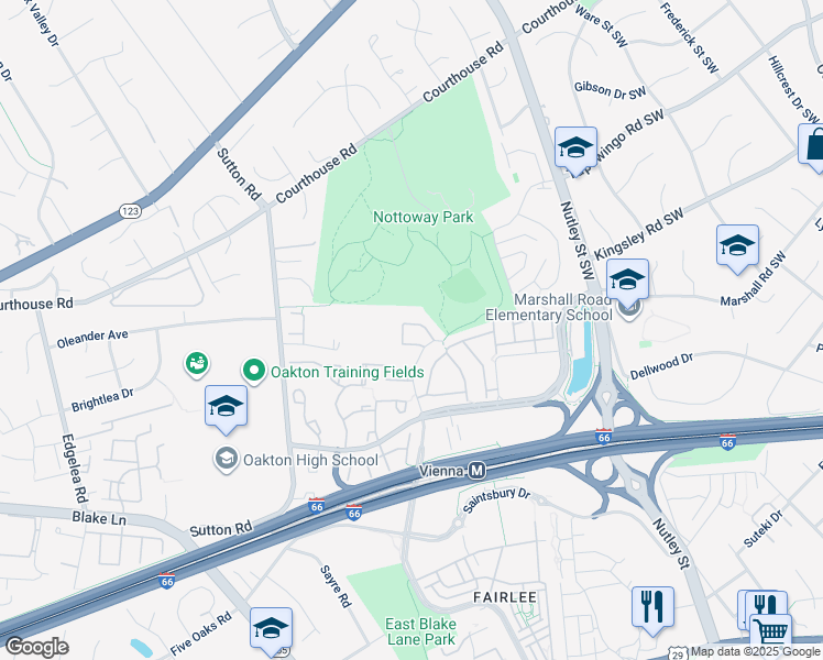 map of restaurants, bars, coffee shops, grocery stores, and more near 2825 Kelly Square in Vienna