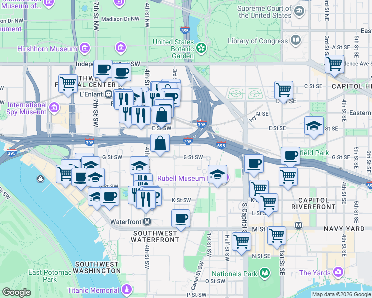 map of restaurants, bars, coffee shops, grocery stores, and more near 101 Independence Avenue Southeast in Washington