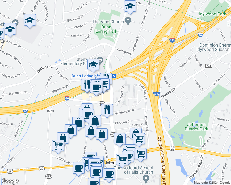 map of restaurants, bars, coffee shops, grocery stores, and more near 2700 Bellforest Court in Vienna
