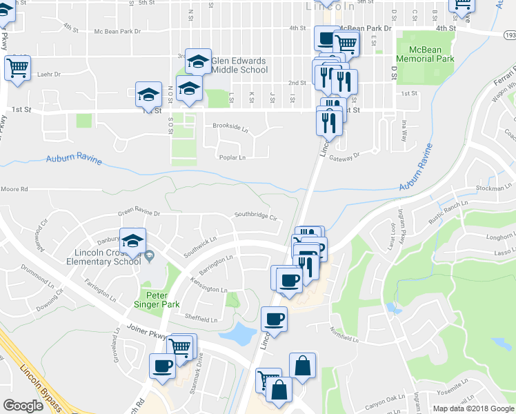 map of restaurants, bars, coffee shops, grocery stores, and more near 1104 Southbridge Circle in Lincoln