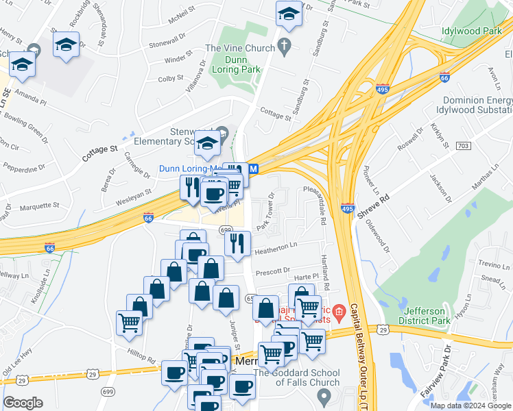 map of restaurants, bars, coffee shops, grocery stores, and more near 2700 Bellforest Court in Vienna