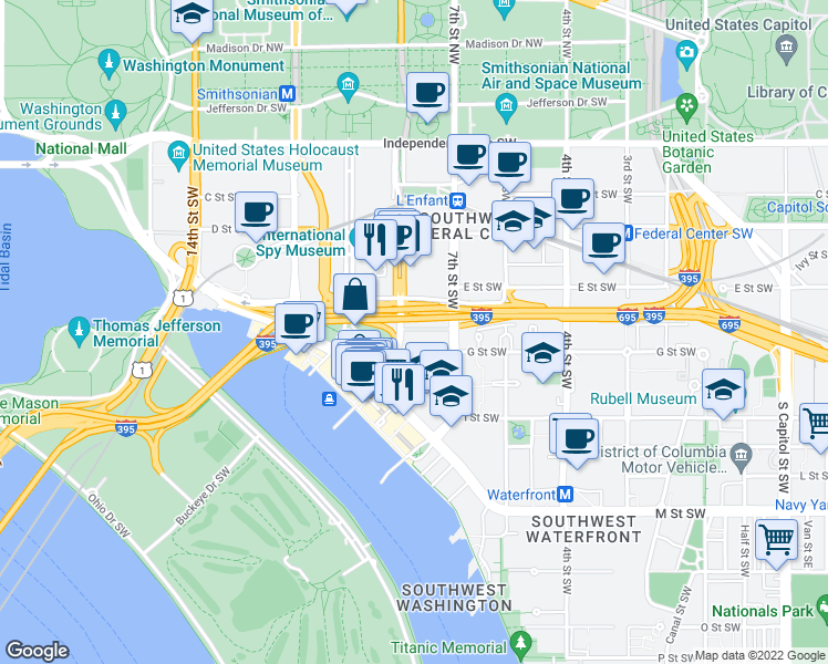 map of restaurants, bars, coffee shops, grocery stores, and more near 101 Independence Avenue Southeast in Washington