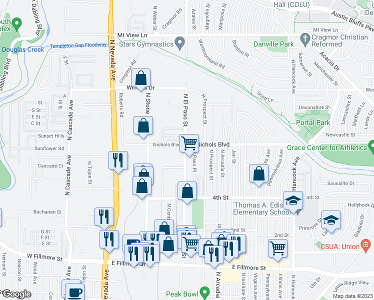 map of restaurants, bars, coffee shops, grocery stores, and more near 625 Nichols Boulevard in Colorado Springs