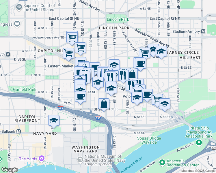 map of restaurants, bars, coffee shops, grocery stores, and more near 101 Independence Avenue Southeast in Washington