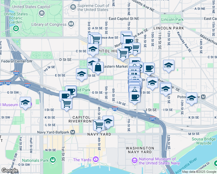 map of restaurants, bars, coffee shops, grocery stores, and more near 101 Independence Avenue Southeast in Washington