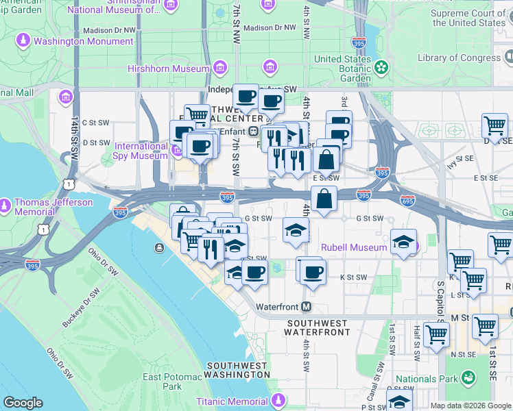 map of restaurants, bars, coffee shops, grocery stores, and more near 101 Independence Avenue Southeast in Washington