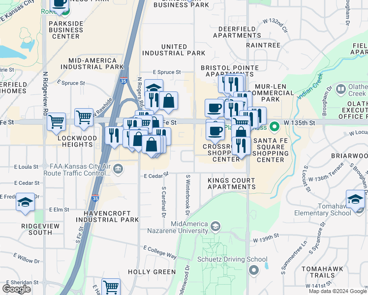 map of restaurants, bars, coffee shops, grocery stores, and more near 1938 East Lindenwood Circle in Olathe