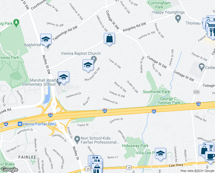map of restaurants, bars, coffee shops, grocery stores, and more near 607 Yeonas Drive Southwest in Vienna