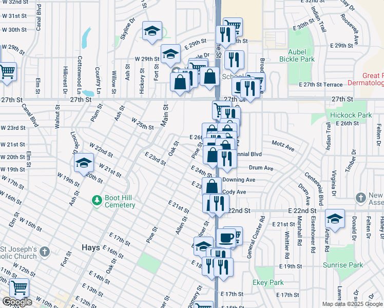 map of restaurants, bars, coffee shops, grocery stores, and more near 2441 Pine Street in Hays