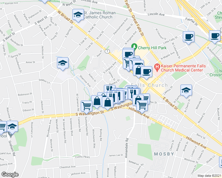 map of restaurants, bars, coffee shops, grocery stores, and more near 281 Gundry Drive in Falls Church