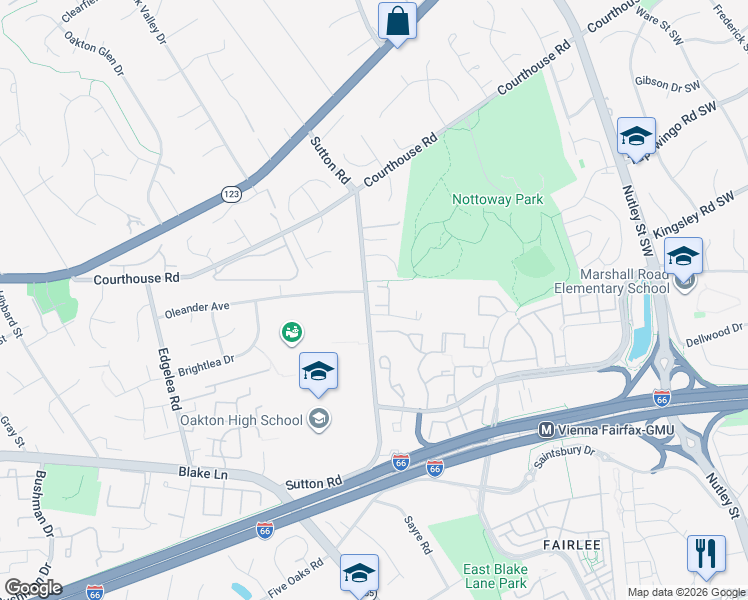map of restaurants, bars, coffee shops, grocery stores, and more near 9660 Glendevy Court in Vienna