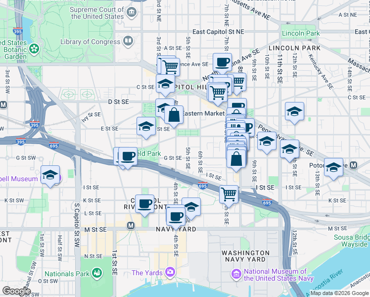 map of restaurants, bars, coffee shops, grocery stores, and more near 101 Independence Avenue Southeast in Washington