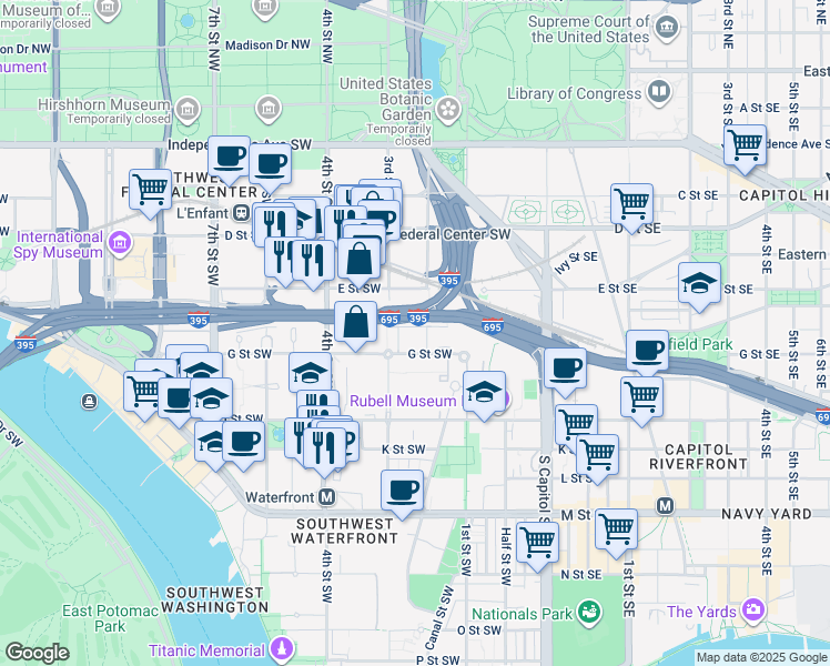 map of restaurants, bars, coffee shops, grocery stores, and more near 101 Independence Avenue Southeast in Washington