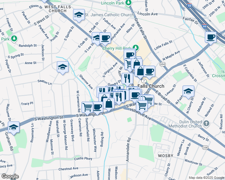 map of restaurants, bars, coffee shops, grocery stores, and more near 281 Gundry Drive in Falls Church