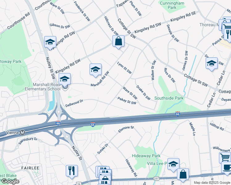 map of restaurants, bars, coffee shops, grocery stores, and more near 607 Yeonas Drive Southwest in Vienna