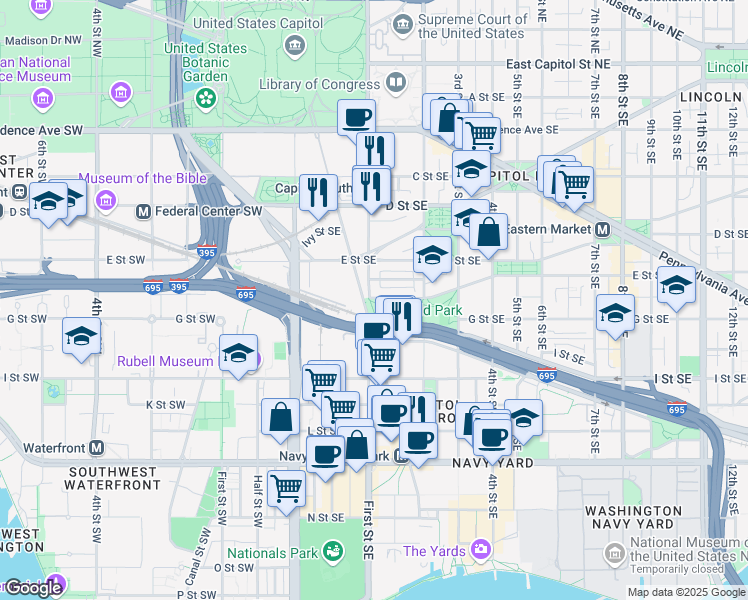 map of restaurants, bars, coffee shops, grocery stores, and more near 103 F Street Southeast in Washington