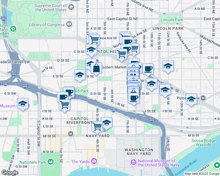 map of restaurants, bars, coffee shops, grocery stores, and more near 525 6th Street Southeast in Washington