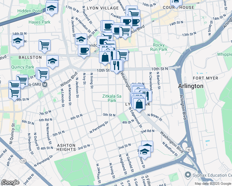 map of restaurants, bars, coffee shops, grocery stores, and more near North Garfield Street in Arlington