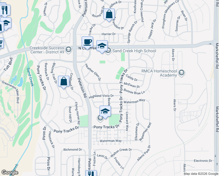 map of restaurants, bars, coffee shops, grocery stores, and more near 3447 Bexley Drive in Colorado Springs